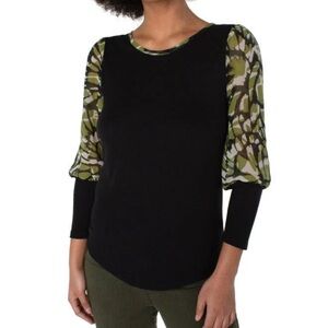 Liverpool Black Abstract Foiliage Blouse with Green Patterned Sleeves Sheer